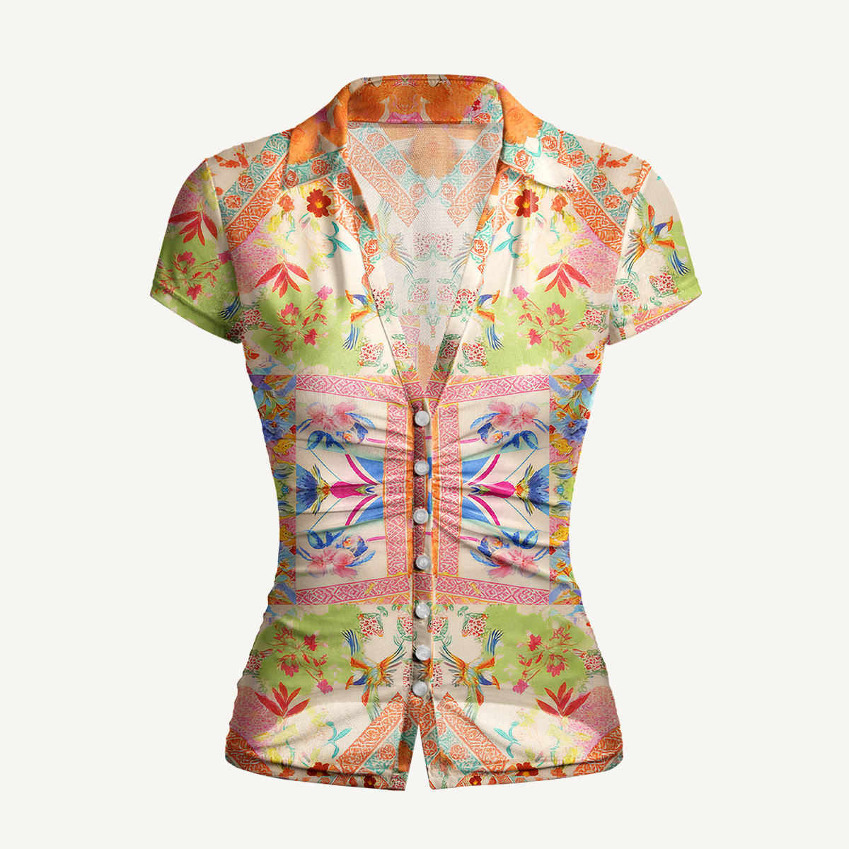 V-Neck Short Sleeve Vivid Lily Print Mesh Top